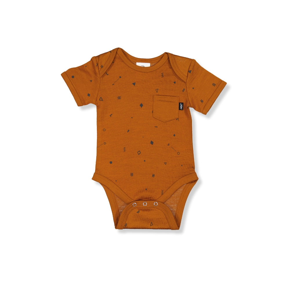 EZRA SHORTSLEEVE BODYSUIT- Rust Elements, 3-6 months + 6-12 months