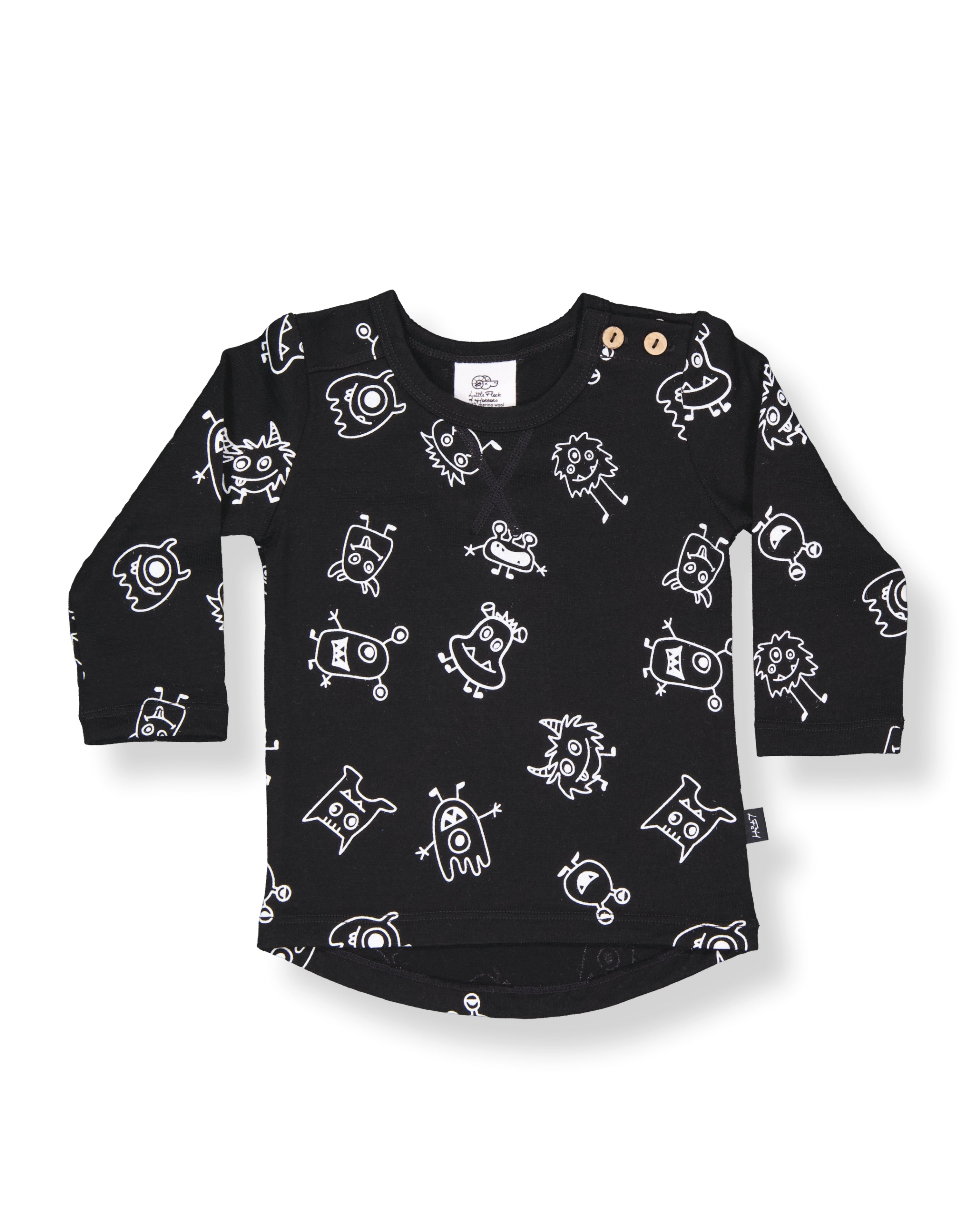 Wyatt Long Sleeve Top - 100% Merino Wool, Black Monsters