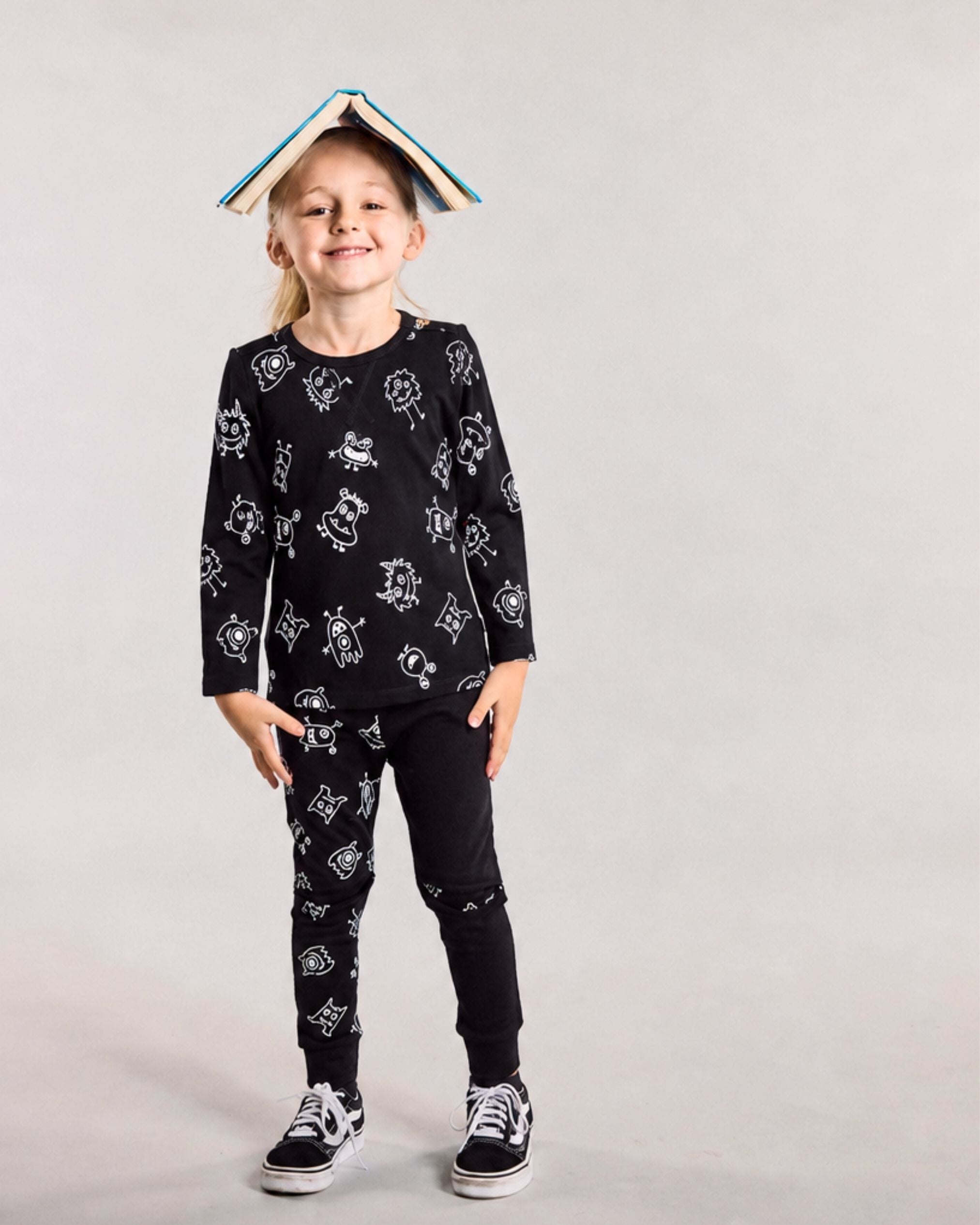 Wyatt Long Sleeve Top - 100% Merino Wool, Black Monsters