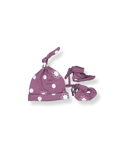 Beanie & Bootie Set - 100% Merino Wool - Plum Daisy