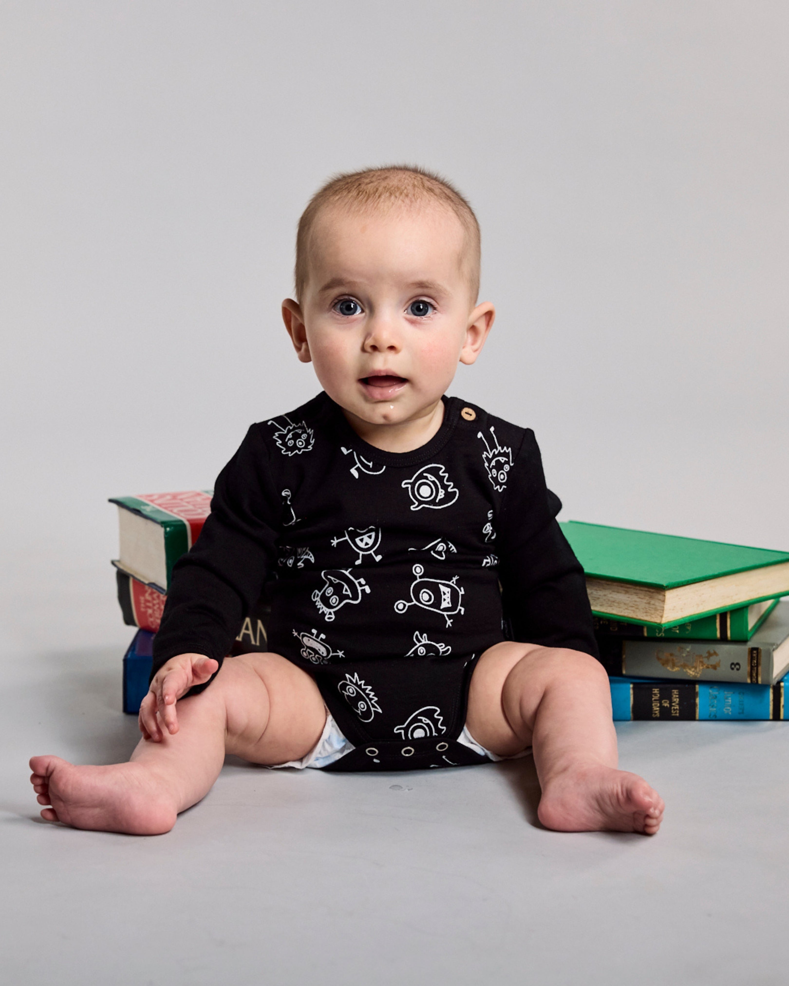 Riley Bodysuit - 100% Merino Wool, Black Monsters