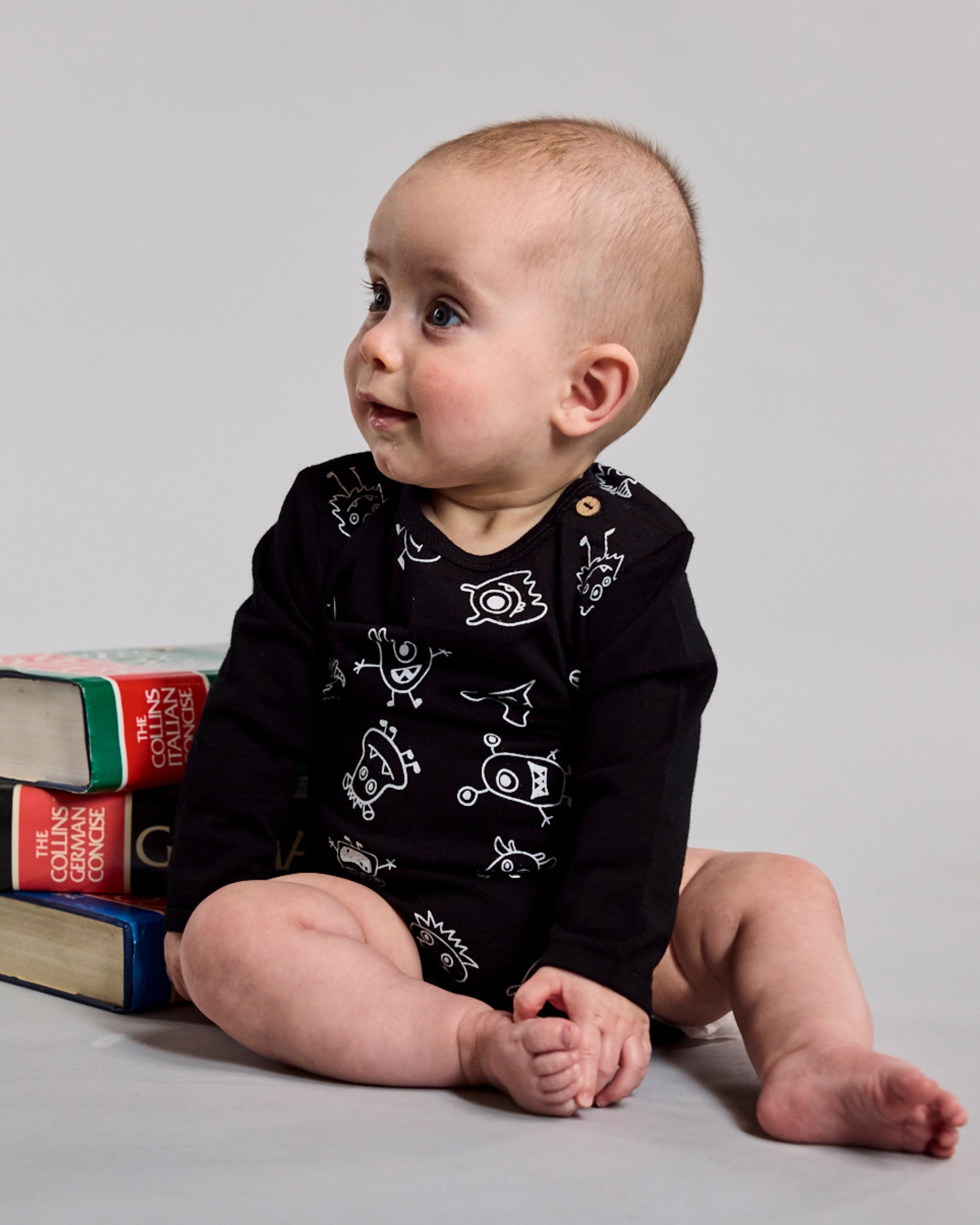 Riley Bodysuit - 100% Merino Wool, Black Monsters