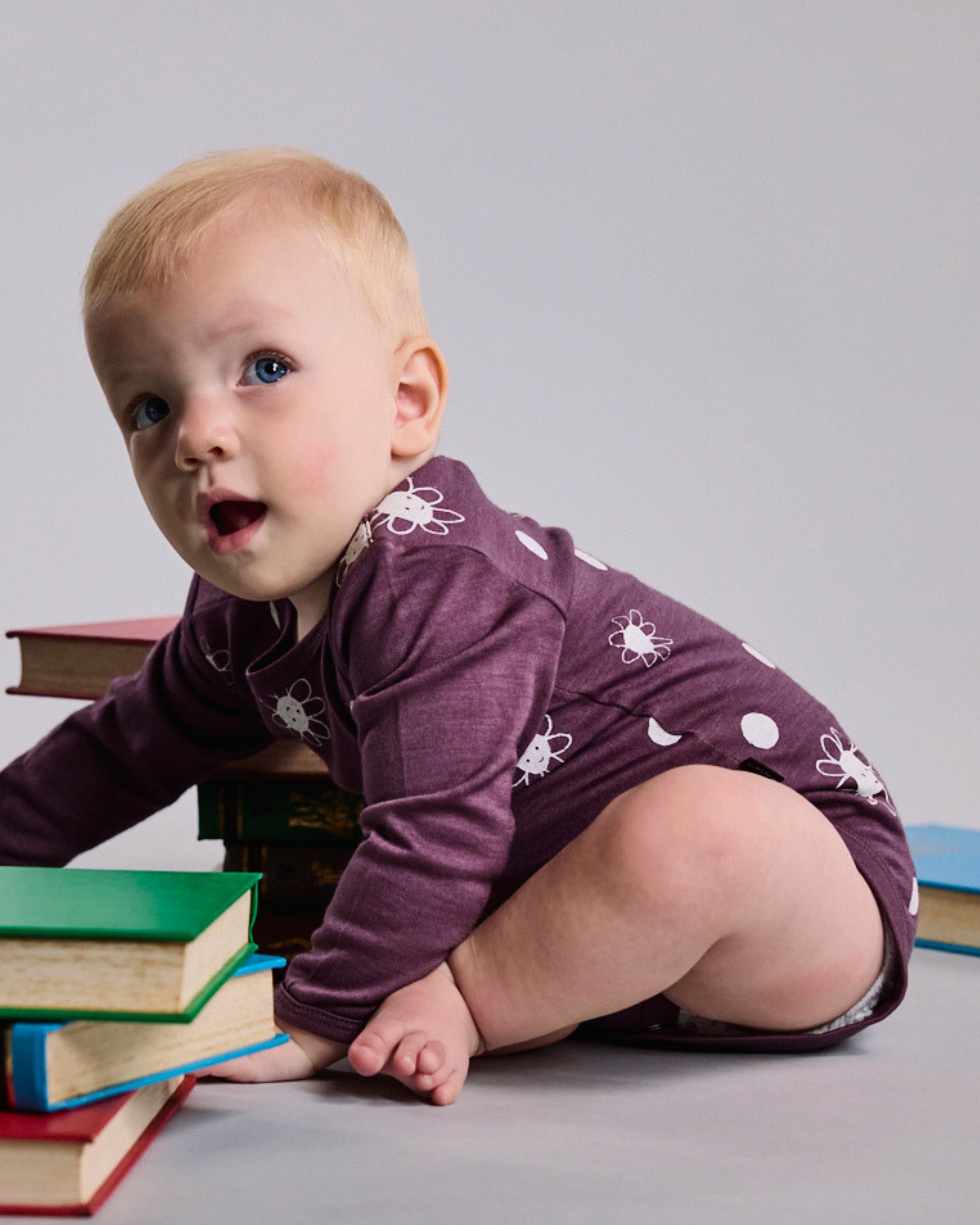 Riley Bodysuit - 100% Merino Wool, Plum Daisy