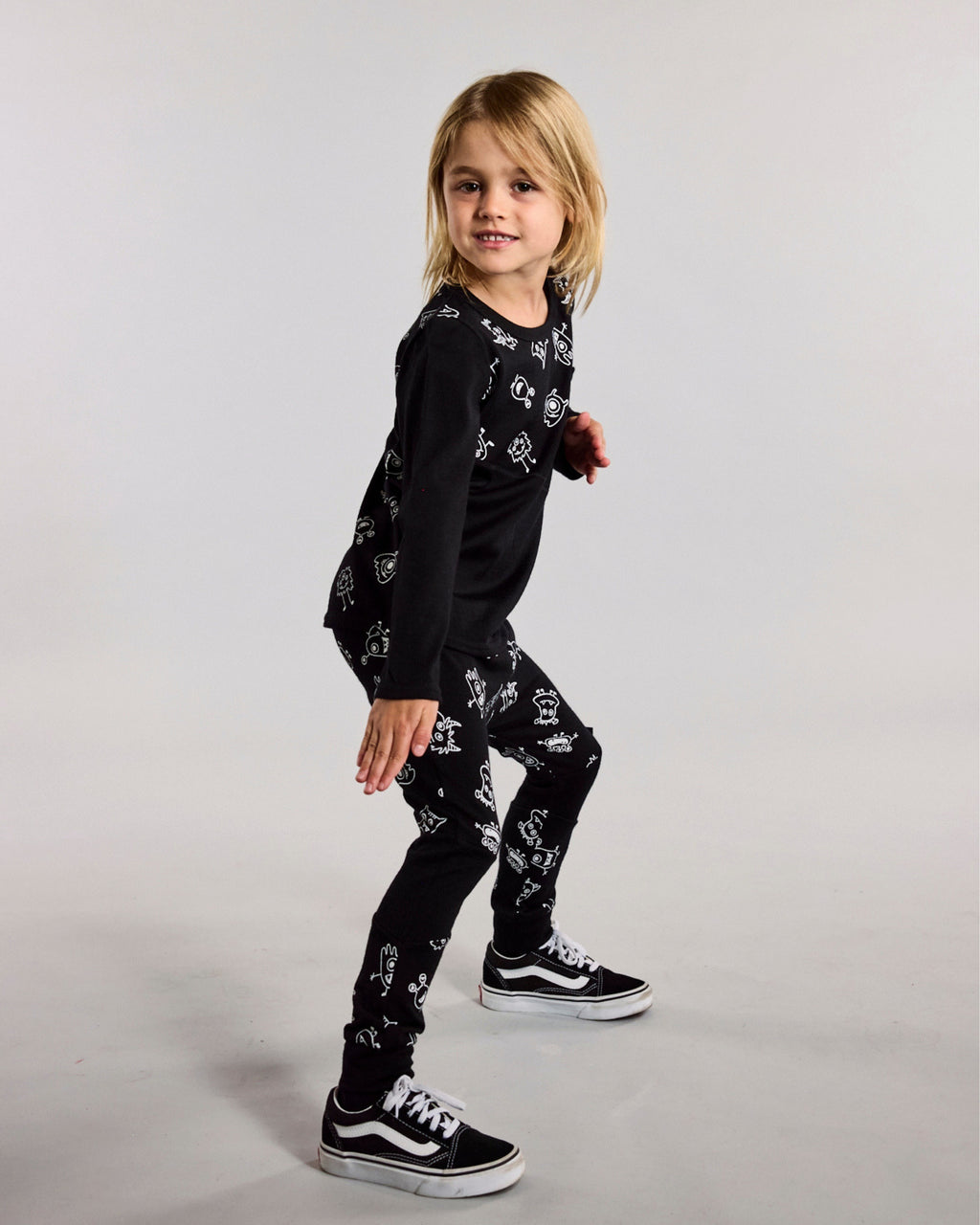 Patch Leggings - 100% Merino Wool, Black Monsters