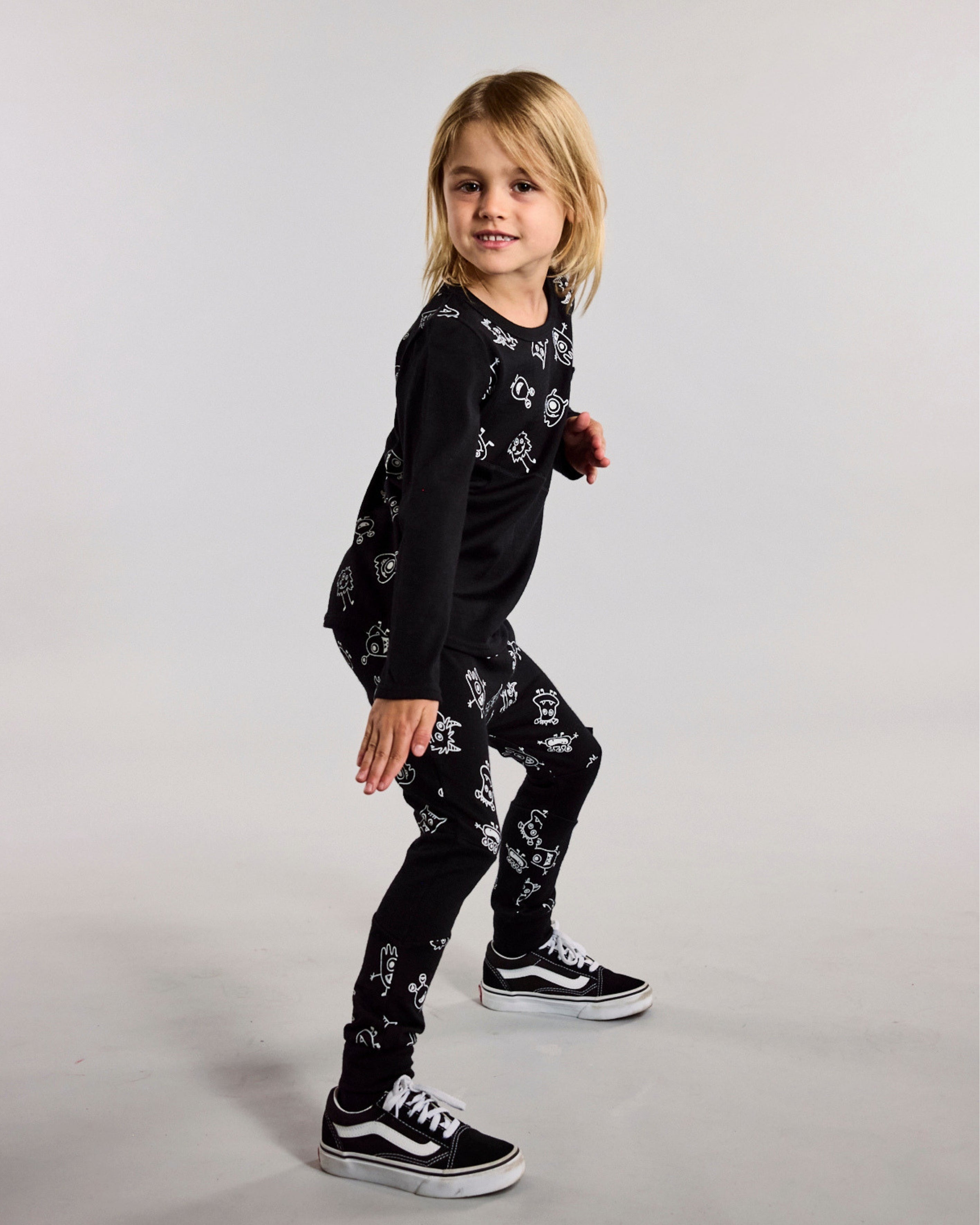 Patch Leggings - 100% Merino Wool, Black Monsters