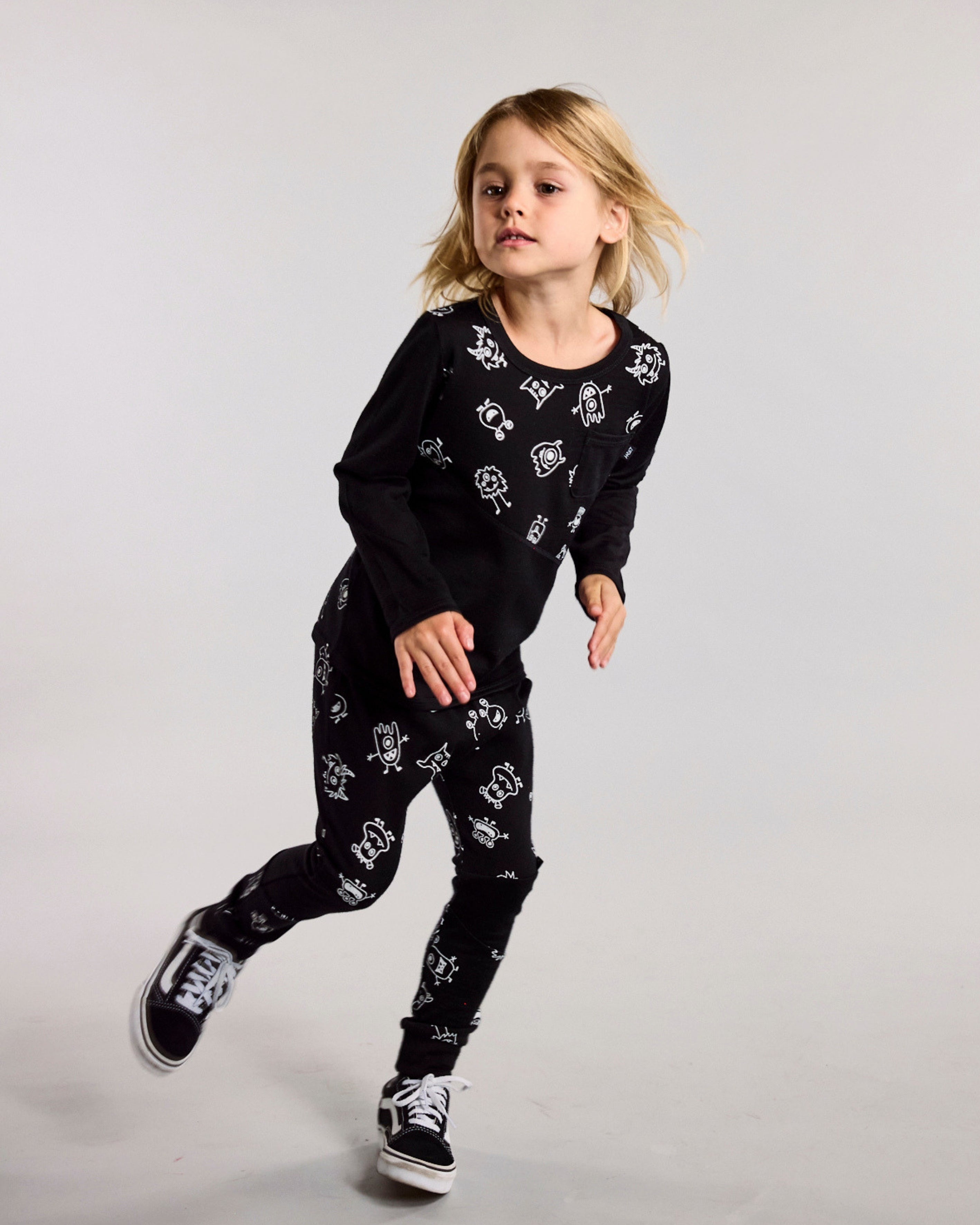 Patch Leggings - 100% Merino Wool, Black Monsters