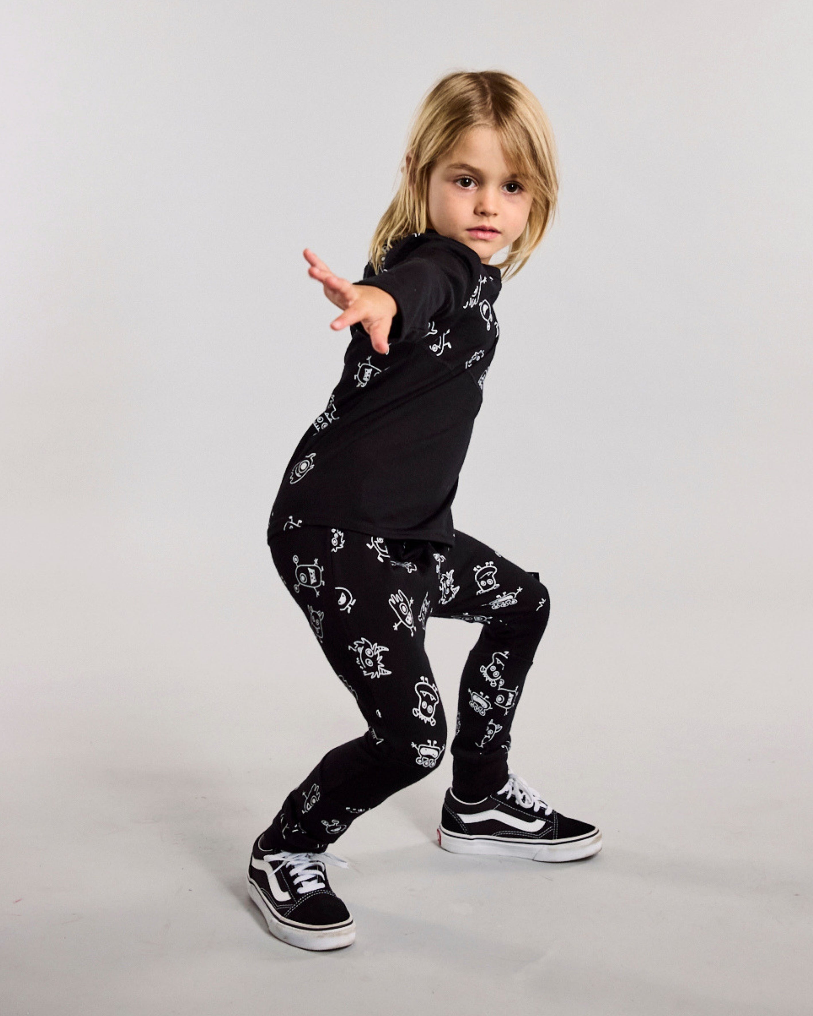 Patch Leggings - 100% Merino Wool, Black Monsters